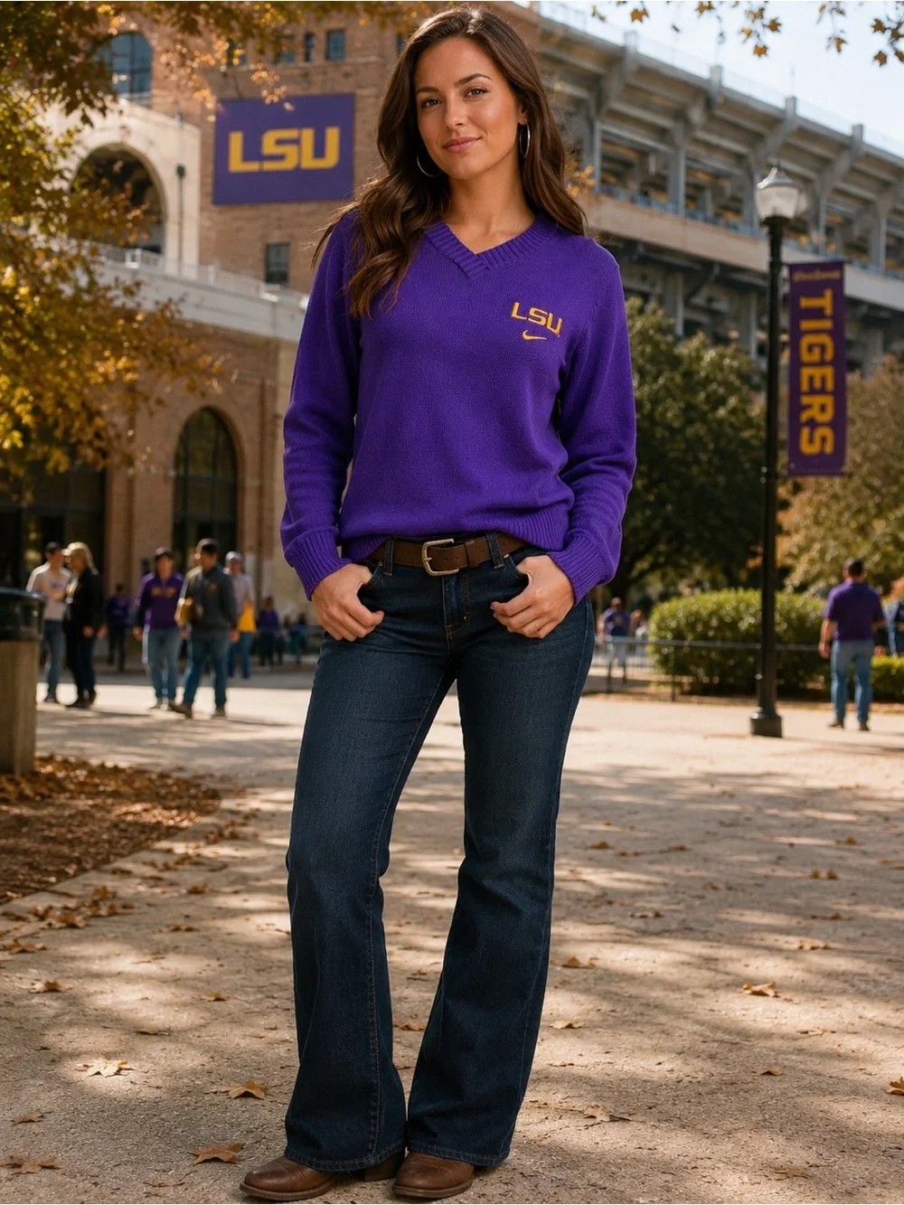 Vintage 2004 Nike Team LSU Tigers Cotton V-Neck Sweater Purple Gold Large RARE